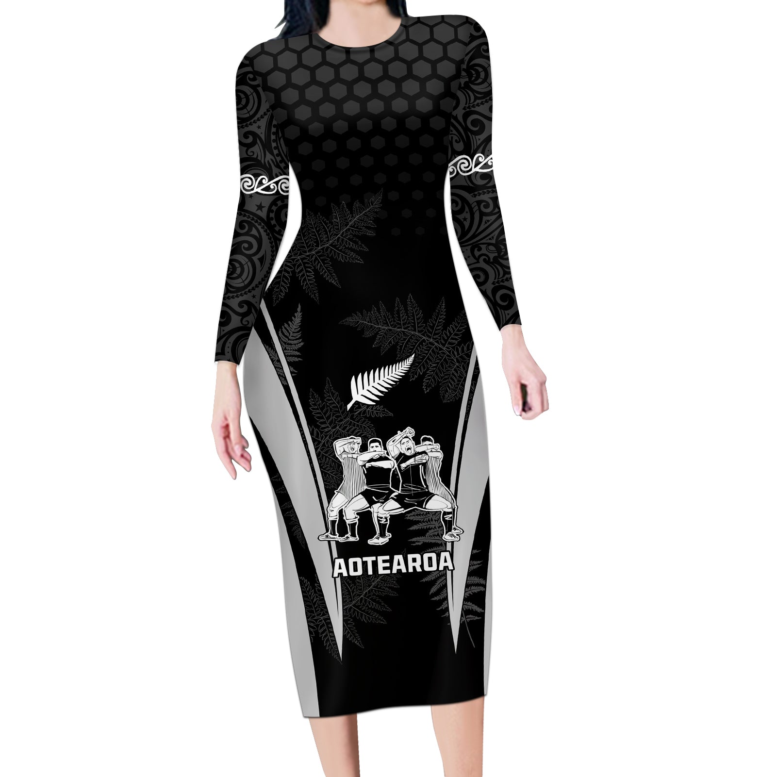 new-zealand-aotearoa-rugby-long-sleeve-bodycon-dress-haka-dance-mixed-silver-fern-sporty-style