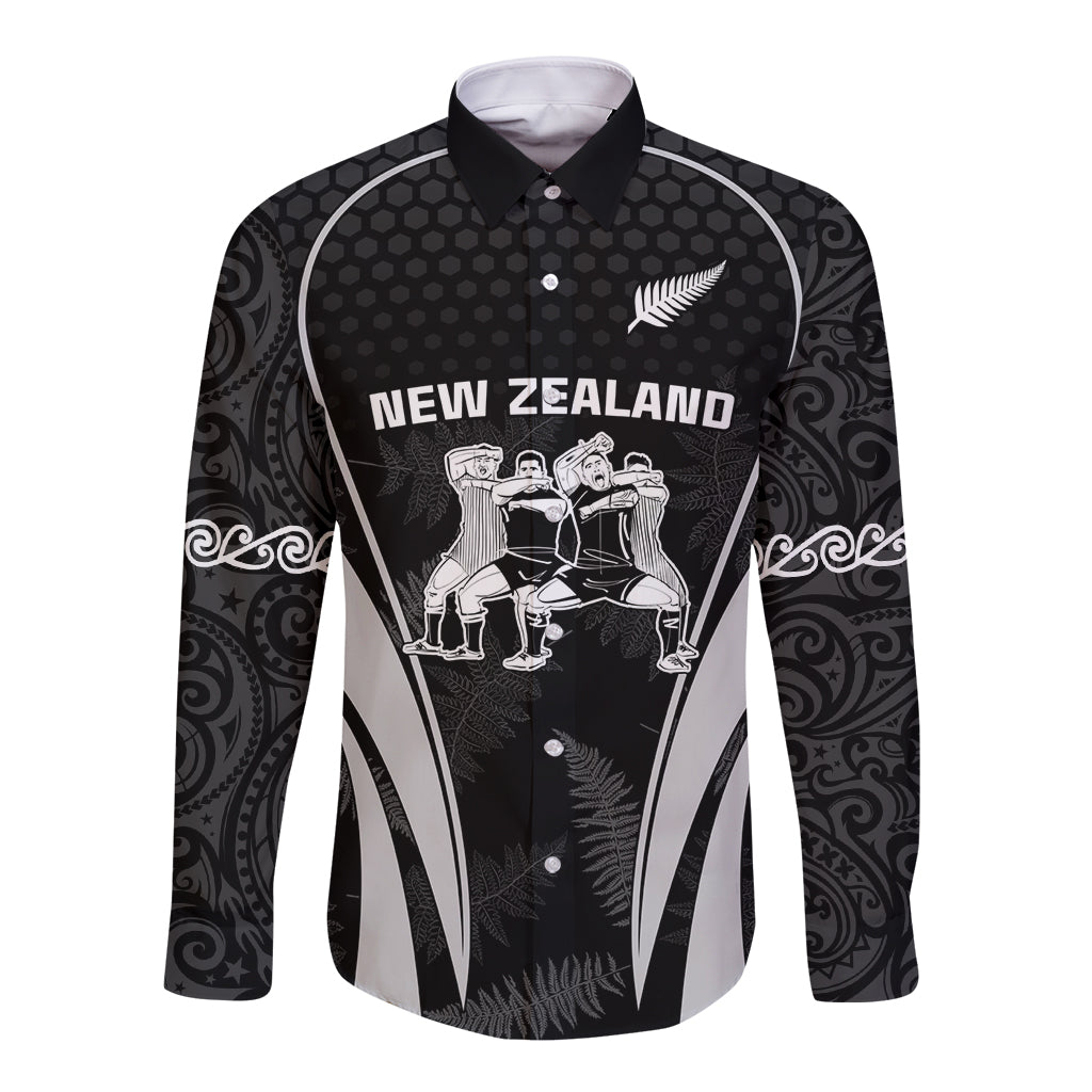 New Zealand Aotearoa Rugby Long Sleeve Button Shirt Haka Dance Mixed Silver Fern Sporty Style - Vibe Hoodie Shop