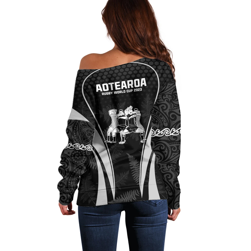 New Zealand Aotearoa Rugby Off Shoulder Sweater Haka Dance Mixed Silver Fern Sporty Style - Vibe Hoodie Shop