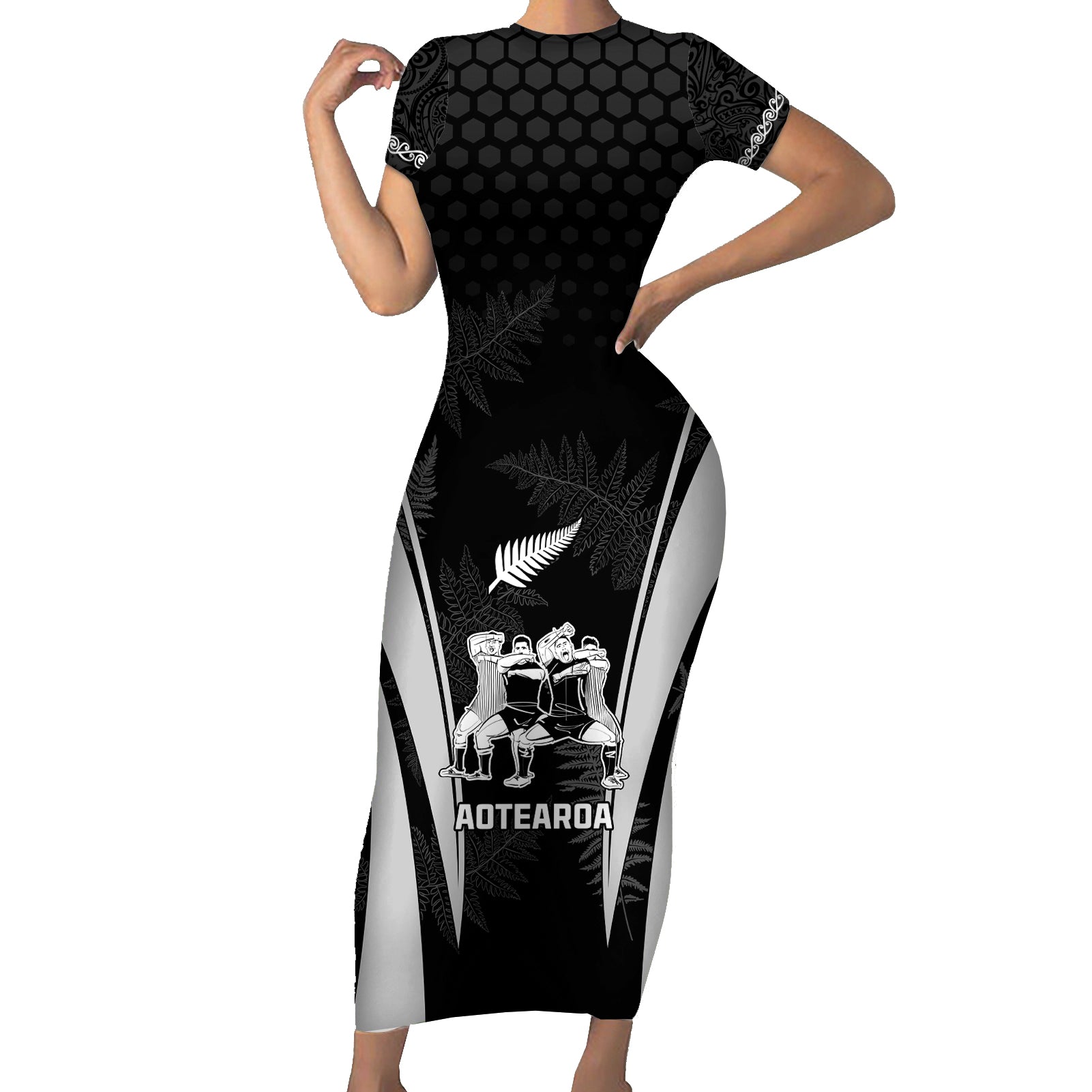 new-zealand-aotearoa-rugby-short-sleeve-bodycon-dress-haka-dance-mixed-silver-fern-sporty-style