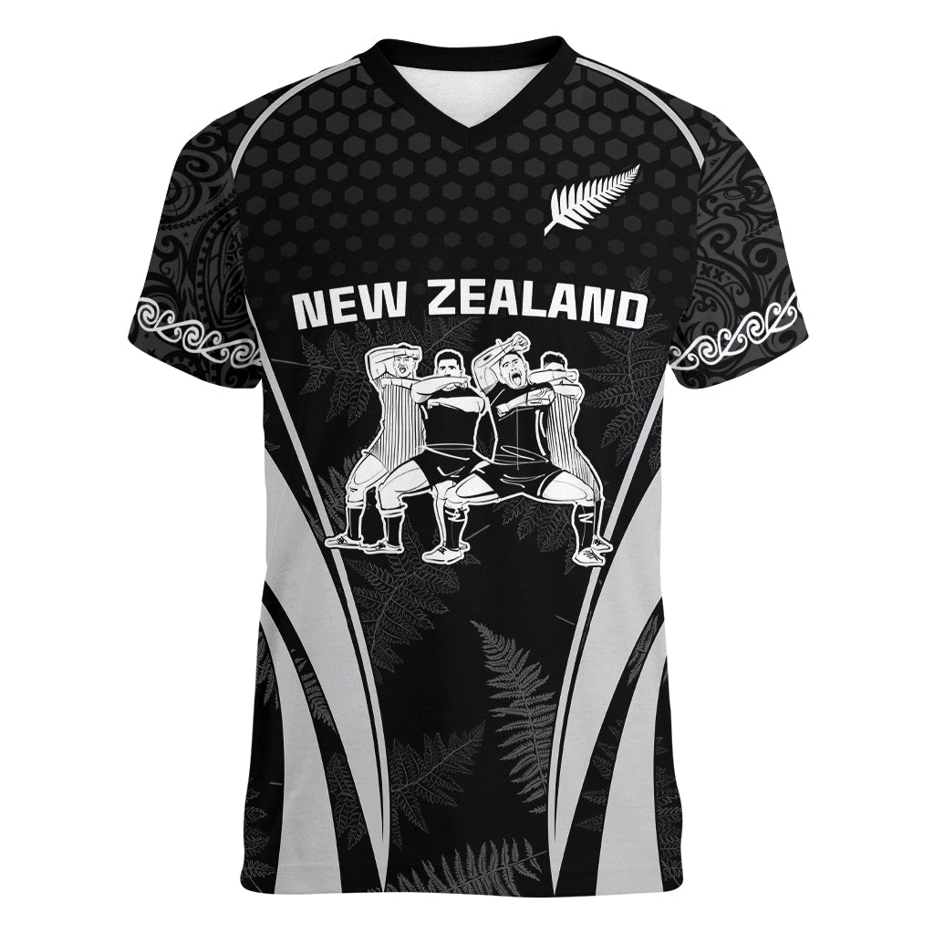 New Zealand Aotearoa Rugby Women V Neck T Shirt Haka Dance Mixed Silver Fern Sporty Style - Vibe Hoodie Shop