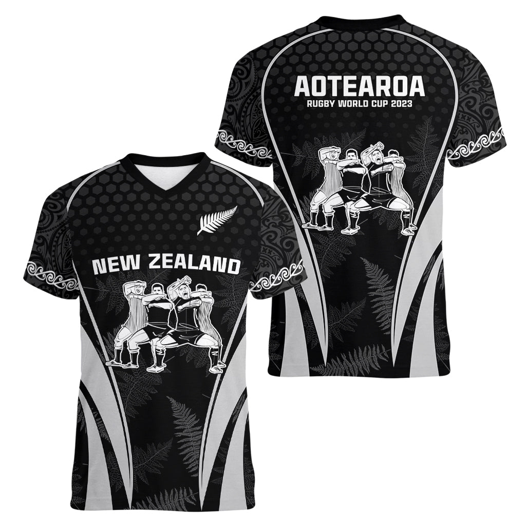 New Zealand Aotearoa Rugby Women V Neck T Shirt Haka Dance Mixed Silver Fern Sporty Style - Vibe Hoodie Shop