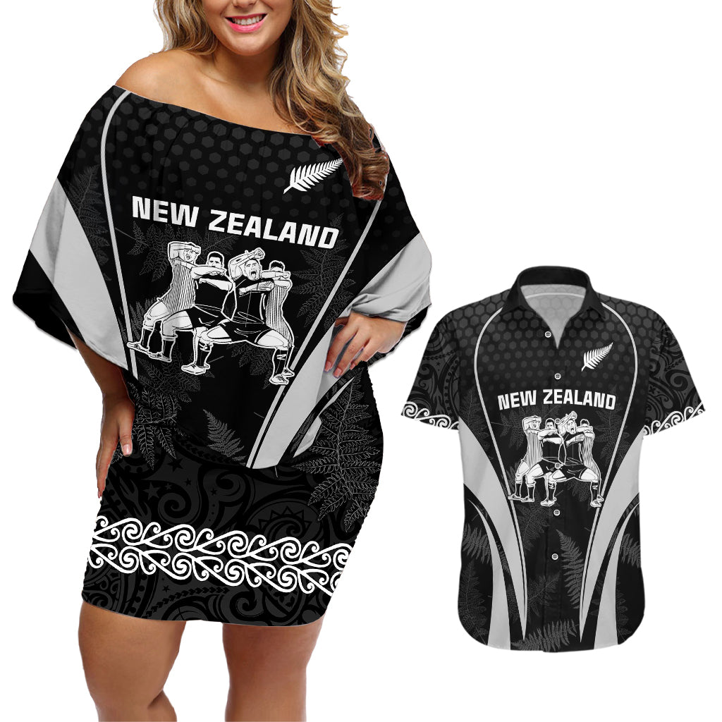 custom-new-zealand-aotearoa-rugby-couples-matching-off-shoulder-short-dress-and-hawaiian-shirt-haka-dance-mixed-silver-fern-sporty-style