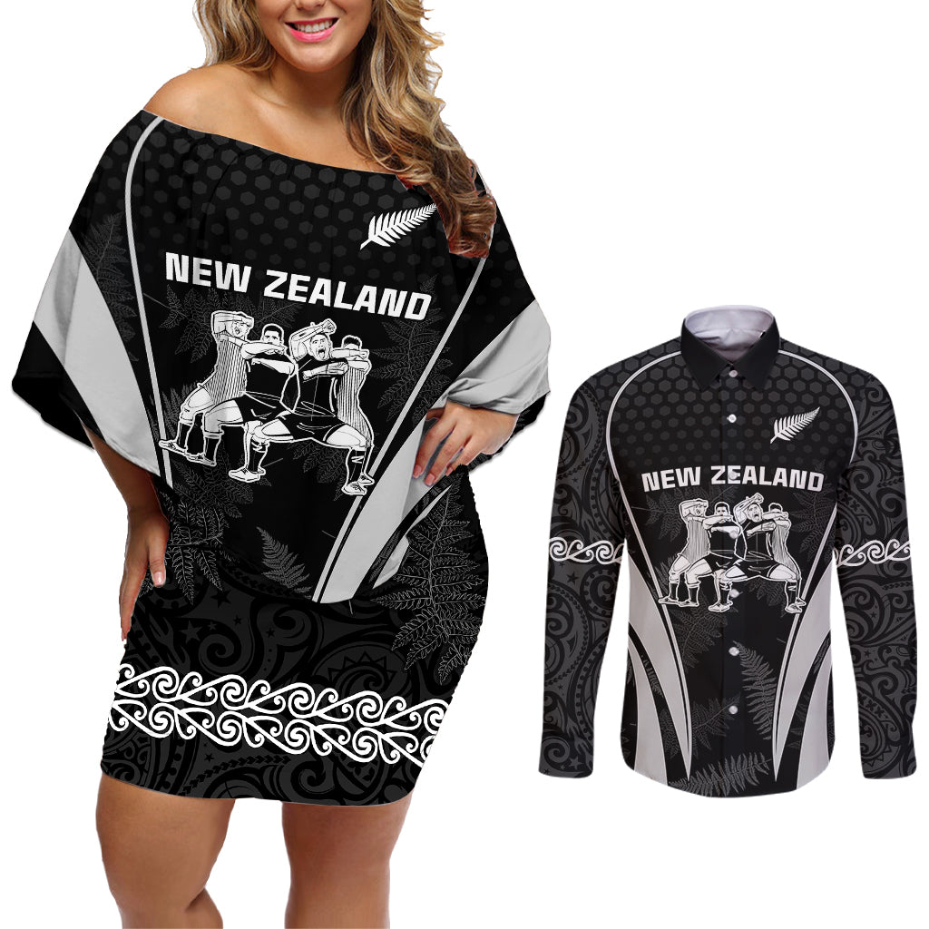 custom-new-zealand-aotearoa-rugby-couples-matching-off-shoulder-short-dress-and-long-sleeve-button-shirts-haka-dance-mixed-silver-fern-sporty-style