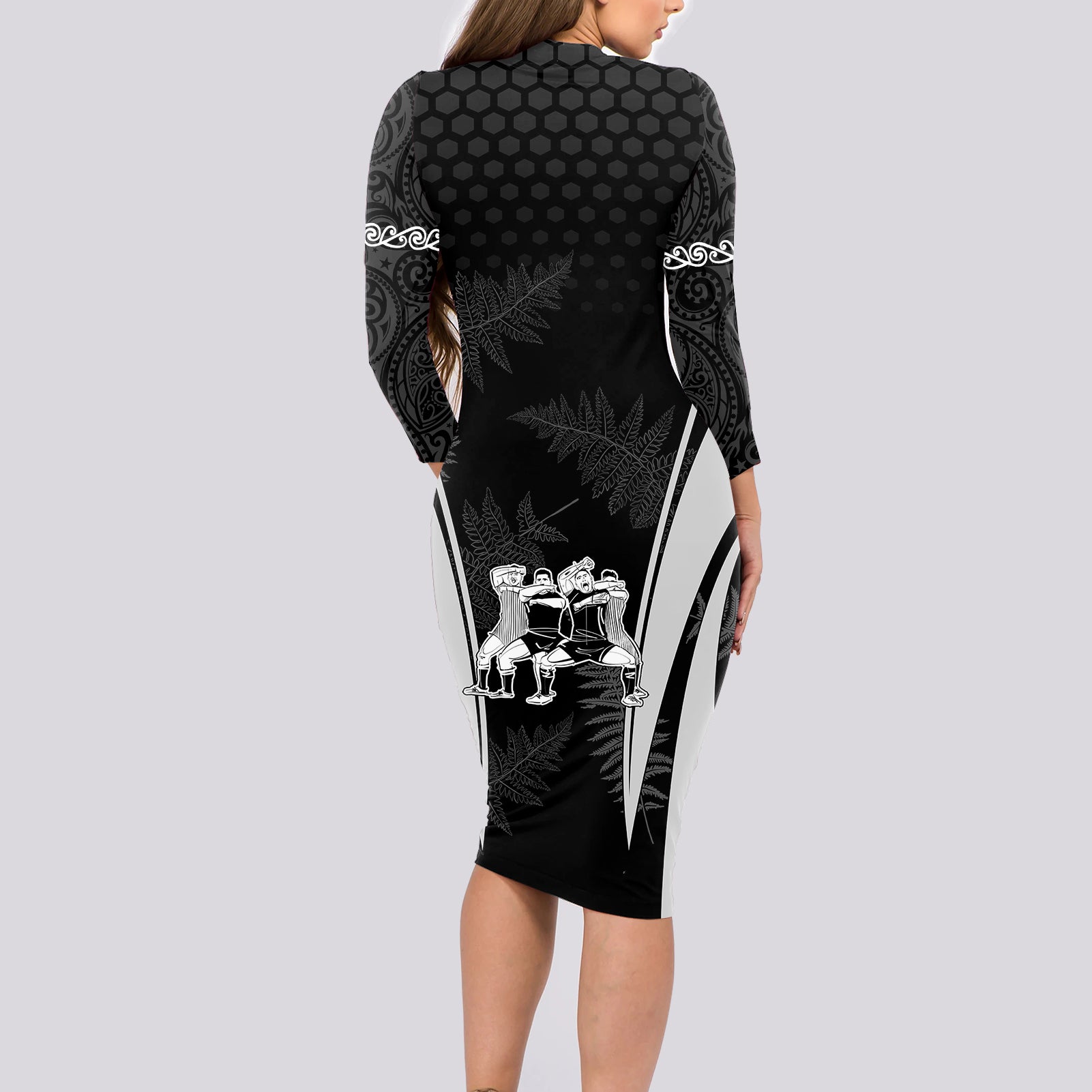 custom-new-zealand-aotearoa-rugby-long-sleeve-bodycon-dress-haka-dance-mixed-silver-fern-sporty-style