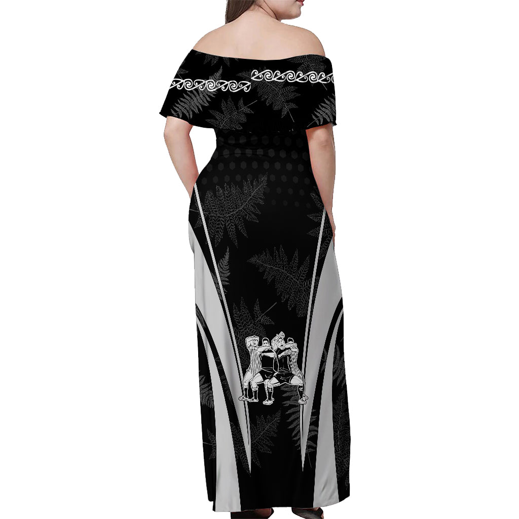 Custom New Zealand Aotearoa Rugby Off Shoulder Maxi Dress Haka Dance Mixed Silver Fern Sporty Style - Vibe Hoodie Shop