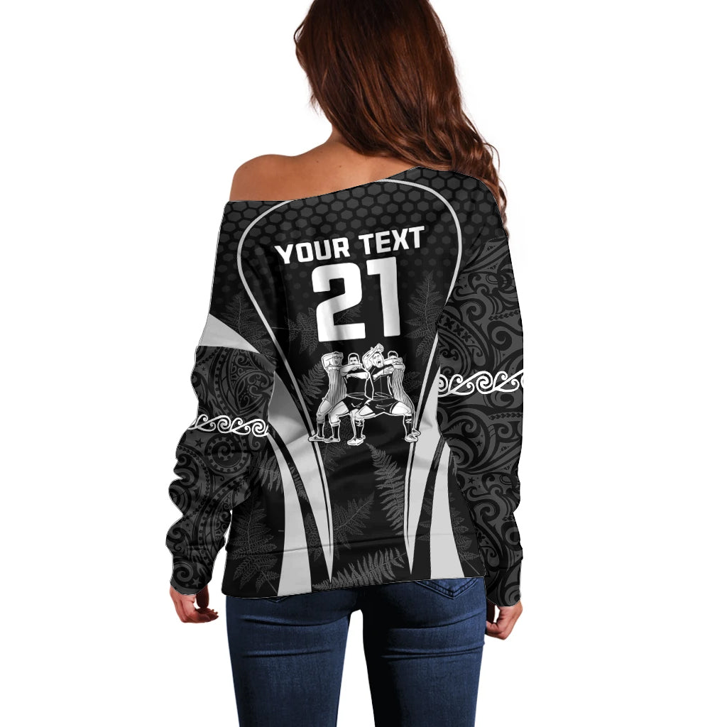 Custom New Zealand Aotearoa Rugby Off Shoulder Sweater Haka Dance Mixed Silver Fern Sporty Style - Vibe Hoodie Shop