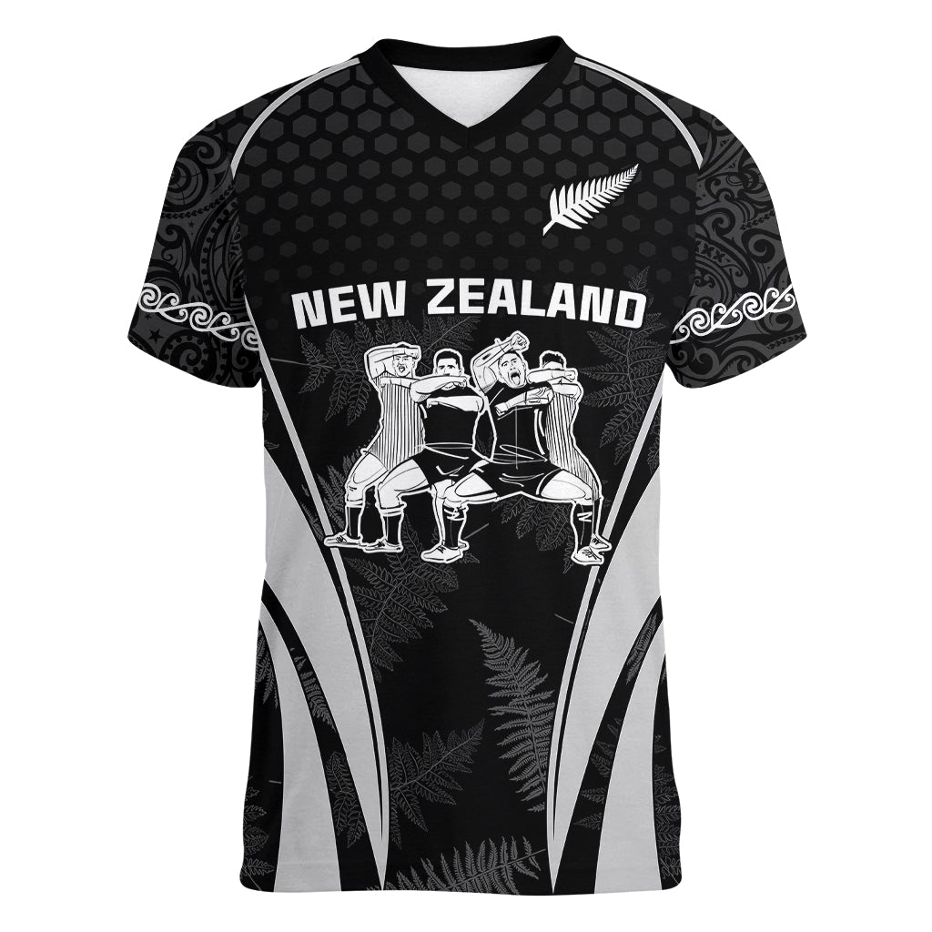 Custom New Zealand Aotearoa Rugby Women V Neck T Shirt Haka Dance Mixed Silver Fern Sporty Style - Vibe Hoodie Shop