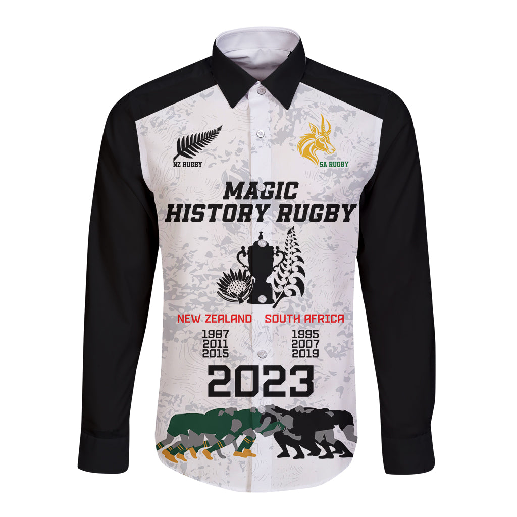 New Zealand South Africa Rugby Long Sleeve Button Shirt History Commemorative World Cup Winners Unique - Vibe Hoodie Shop