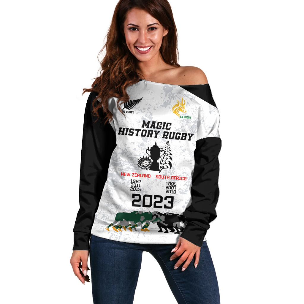 New Zealand South Africa Rugby Off Shoulder Sweater History Commemorative World Cup Winners Unique - Vibe Hoodie Shop