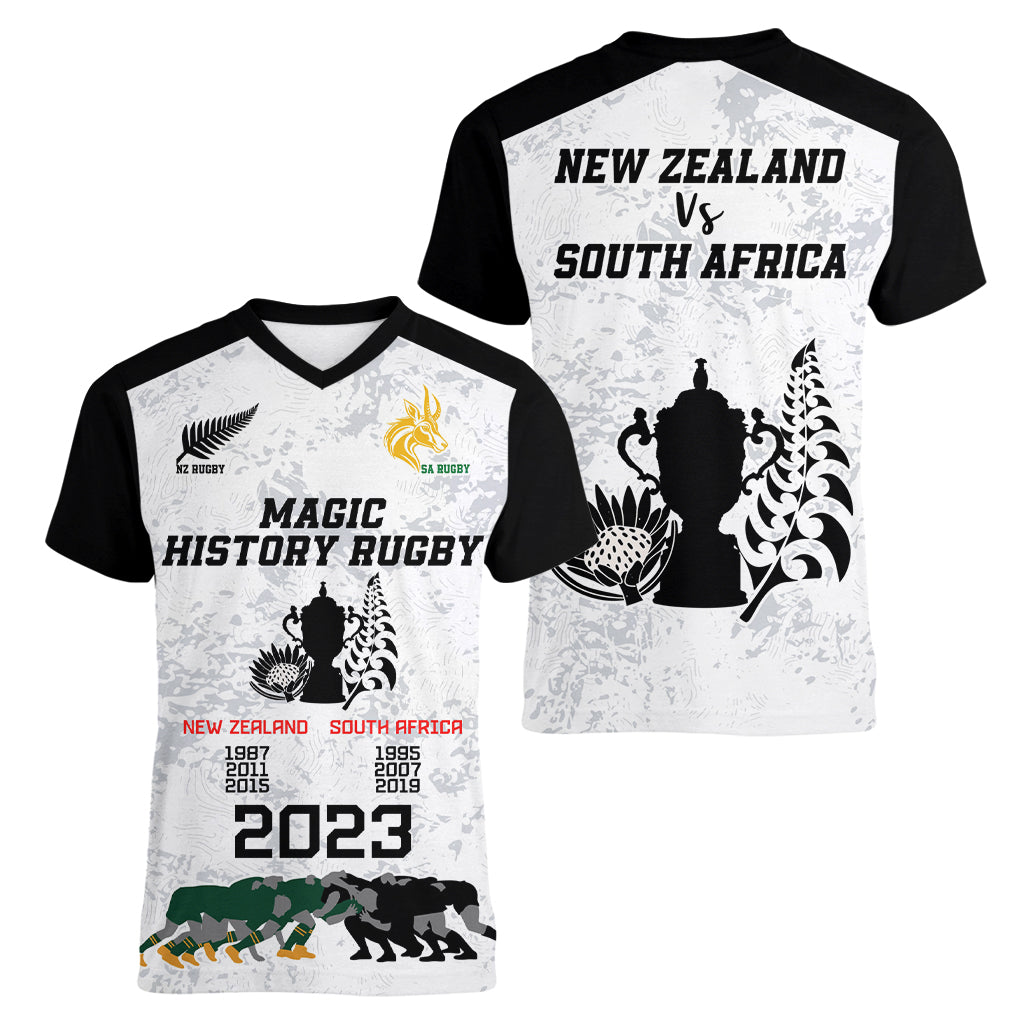 New Zealand South Africa Rugby Women V Neck T Shirt History Commemorative World Cup Winners Unique - Vibe Hoodie Shop