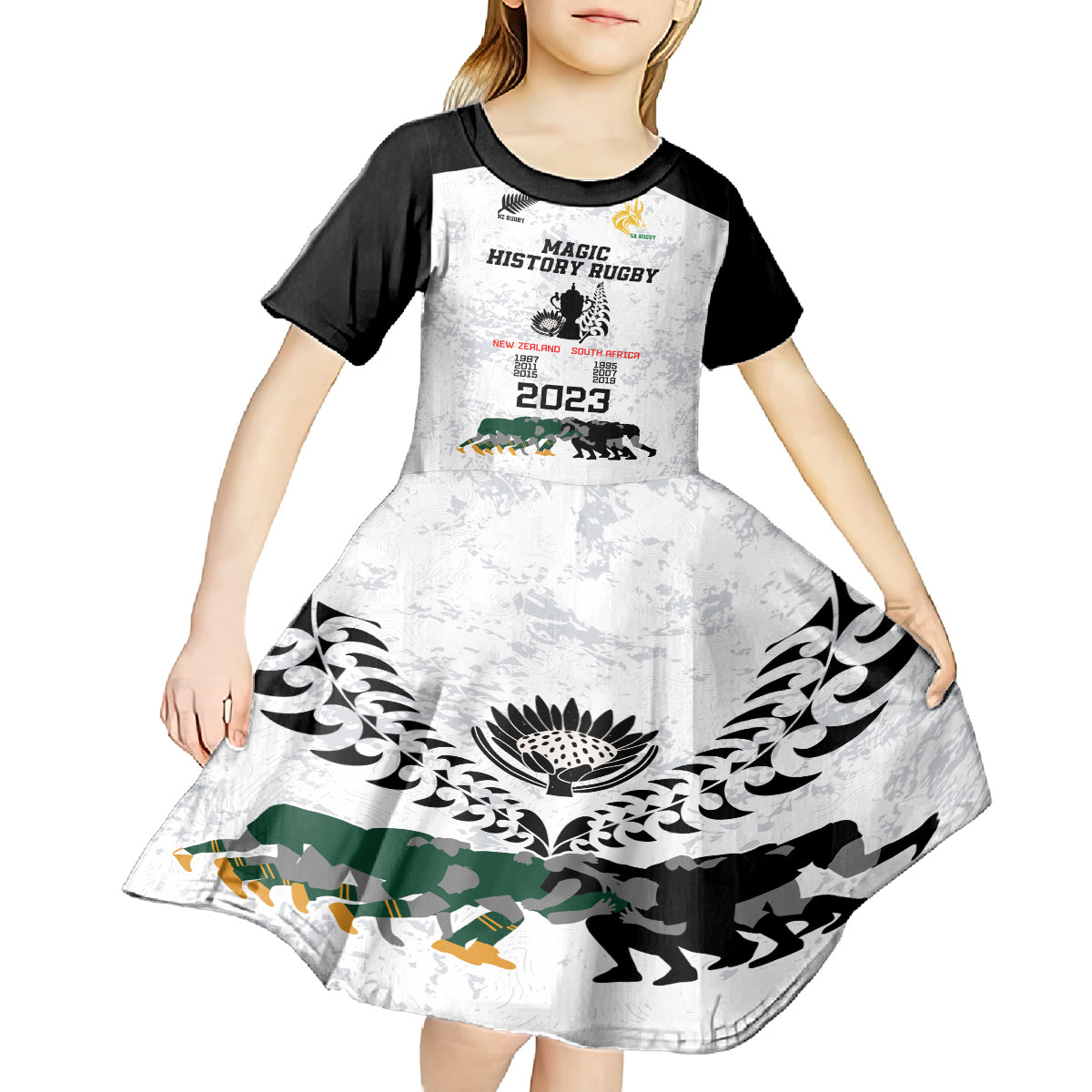 Custom New Zealand South Africa Rugby Kid Short Sleeve Dress History Commemorative World Cup Winners Unique - Vibe Hoodie Shop