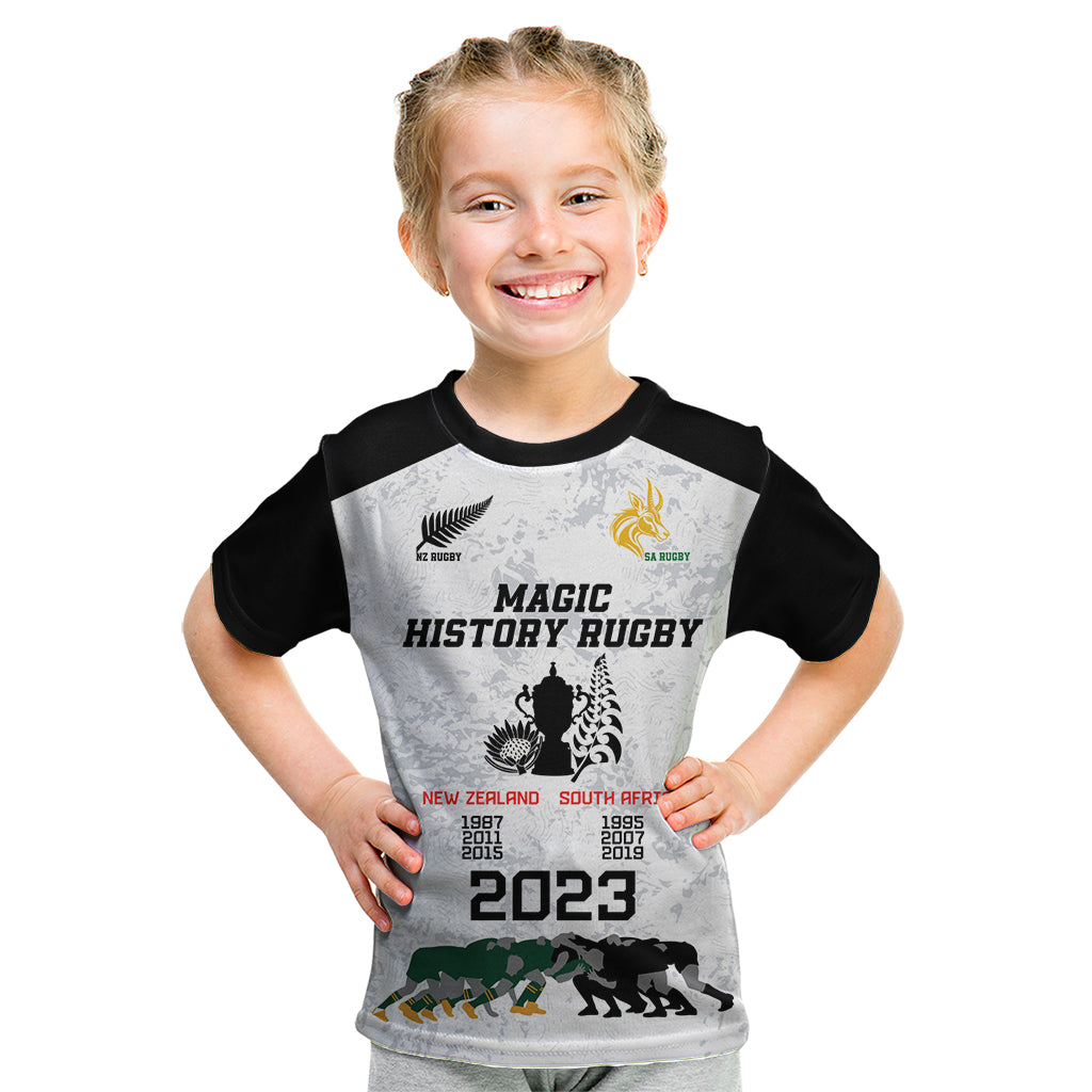 Custom New Zealand South Africa Rugby Kid T Shirt History Commemorative World Cup Winners Unique - Vibe Hoodie Shop