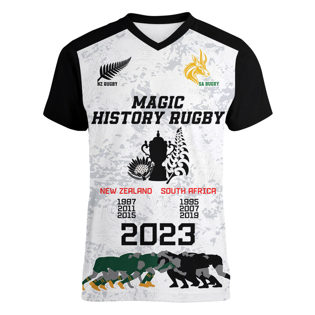 Custom New Zealand South Africa Rugby Women V Neck T Shirt History Commemorative World Cup Winners Unique - Vibe Hoodie Shop