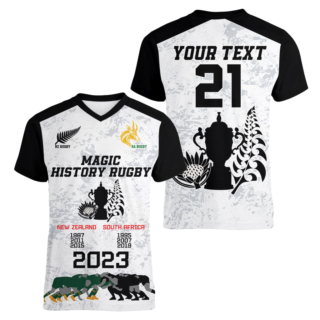 Custom New Zealand South Africa Rugby Women V Neck T Shirt History Commemorative World Cup Winners Unique - Vibe Hoodie Shop