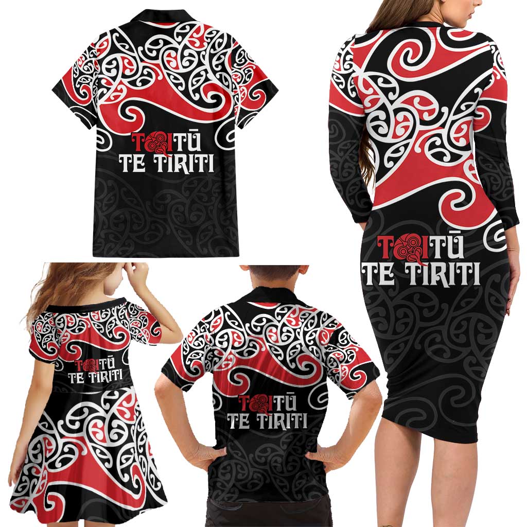 Aotearoa Toitu Te Tiriti Family Matching Long Sleeve Bodycon Dress and Hawaiian Shirt New Zealand Stand Together Stand Stronger