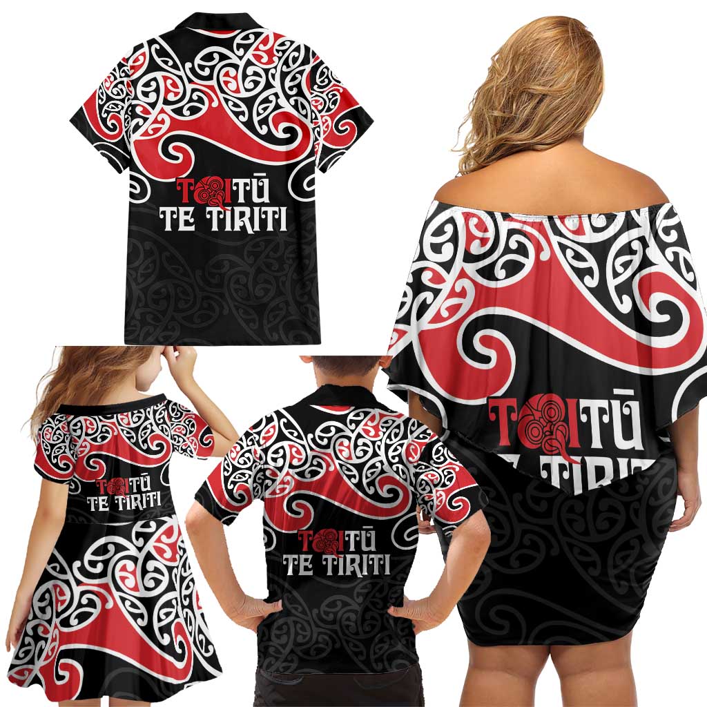 Aotearoa Toitu Te Tiriti Family Matching Off Shoulder Short Dress and Hawaiian Shirt New Zealand Stand Together Stand Stronger