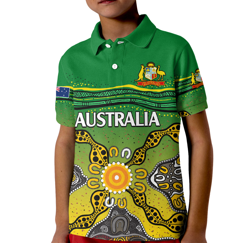 (Custom Text And Number) Australia Cricket Kid Polo Shirt Aboriginal Dots Style - Vibe Hoodie Shop