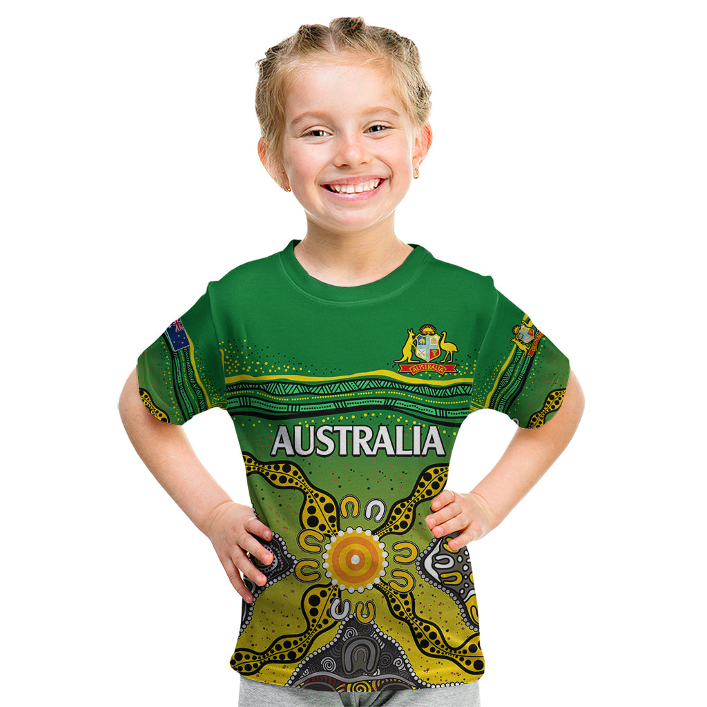 (Custom Text And Number) Australia Cricket Kid T Shirt Aboriginal Dots Style - Vibe Hoodie Shop