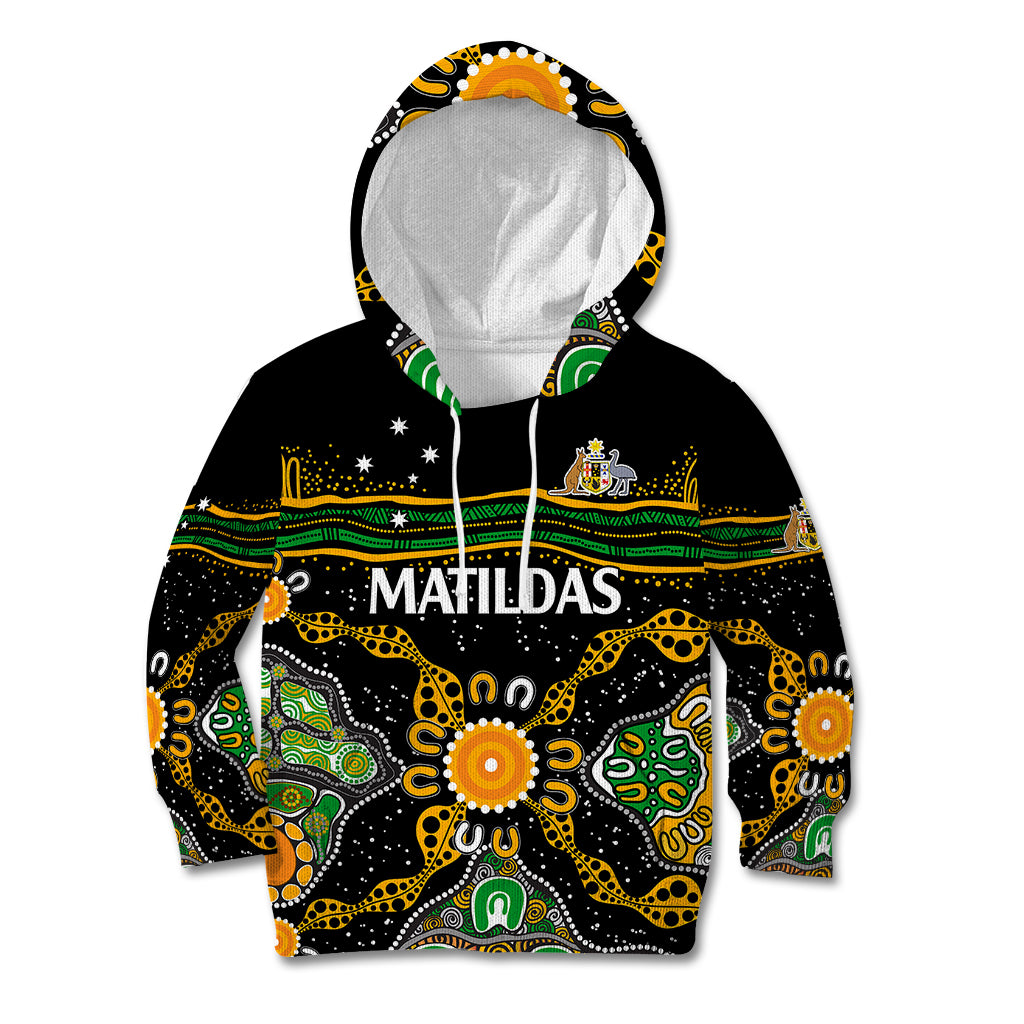 (Custom Text And Number) Matildas Australia Soccer Kid Hoodie Aboriginal Dots Style - Vibe Hoodie Shop