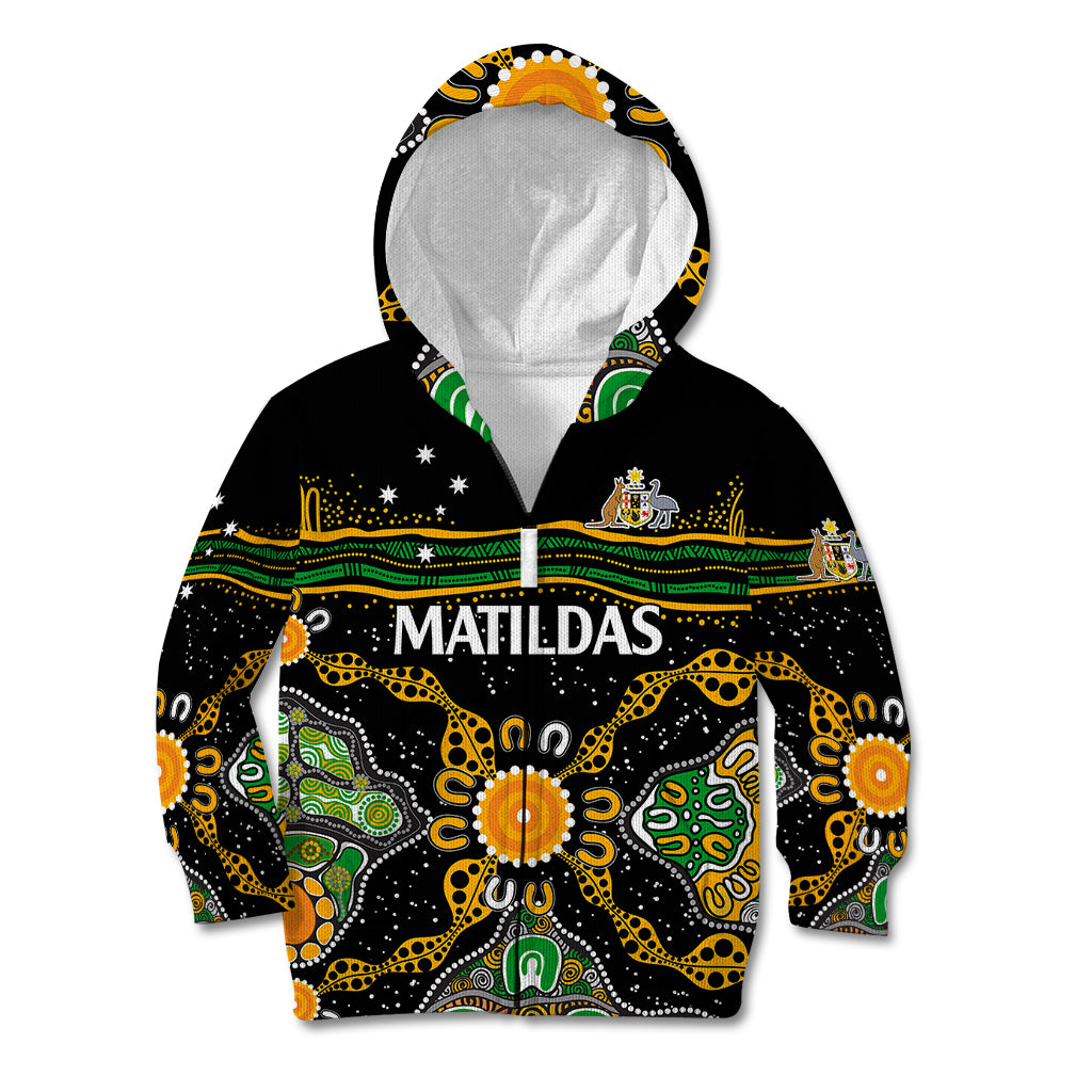 (Custom Text And Number) Matildas Australia Soccer Kid Hoodie Aboriginal Dots Style - Vibe Hoodie Shop