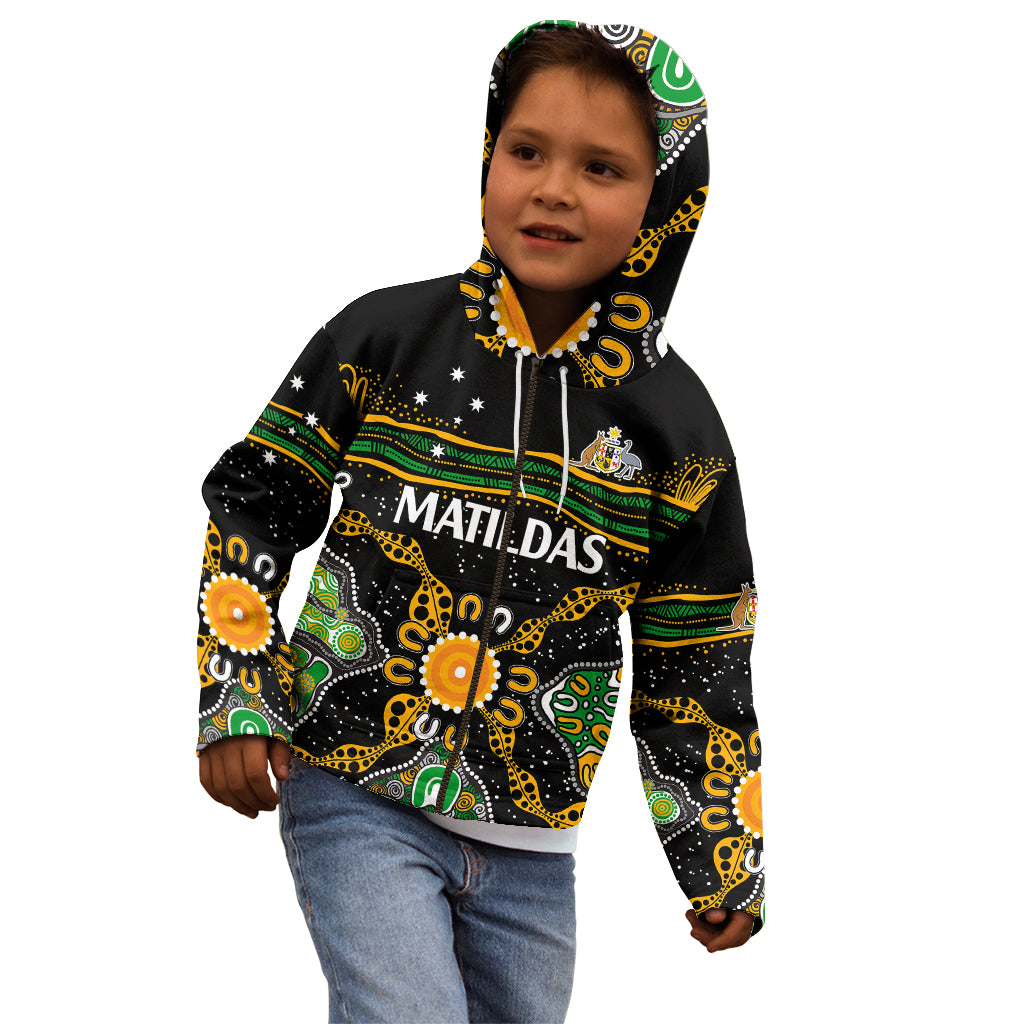 (Custom Text And Number) Matildas Australia Soccer Kid Hoodie Aboriginal Dots Style - Vibe Hoodie Shop