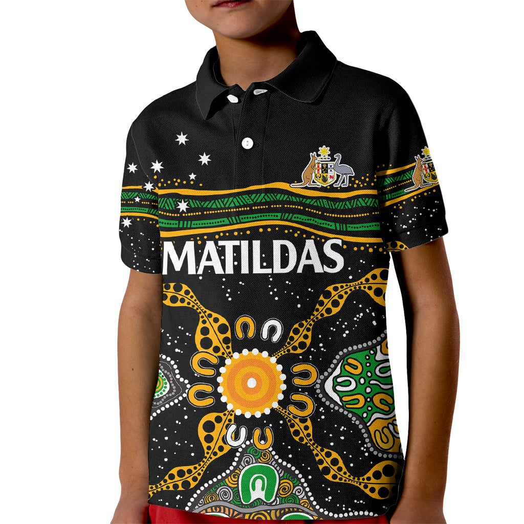 (Custom Text And Number) Matildas Australia Soccer Kid Polo Shirt Aboriginal Dots Style - Vibe Hoodie Shop