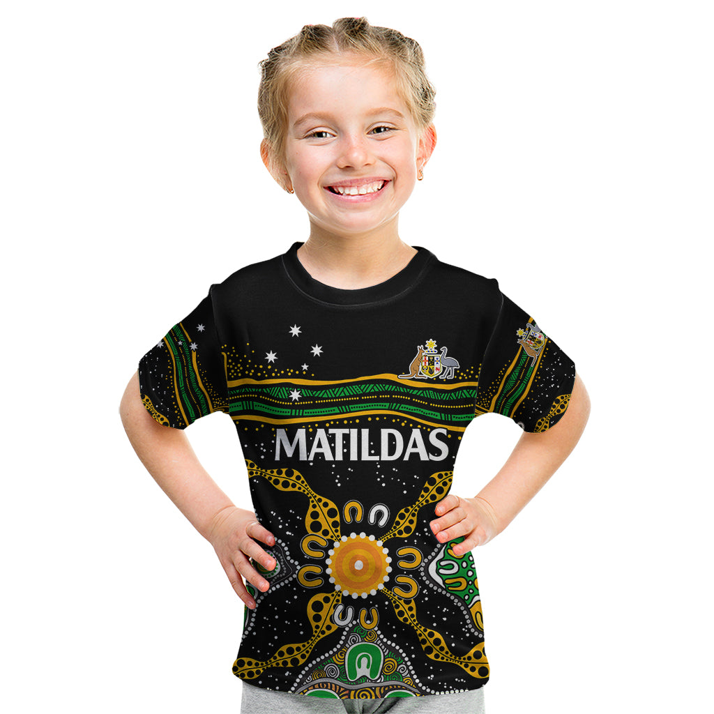 (Custom Text And Number) Matildas Australia Soccer Kid T Shirt Aboriginal Dots Style - Vibe Hoodie Shop