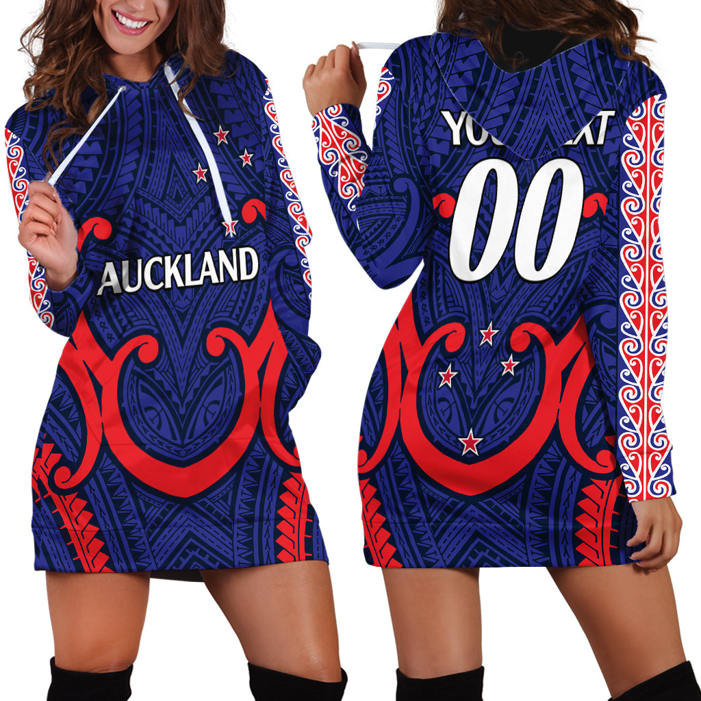 (Custom Text And Number) New Zealand Auckland Cricket Hoodie Dress Polynesian with Maori Koru - Vibe Hoodie Shop