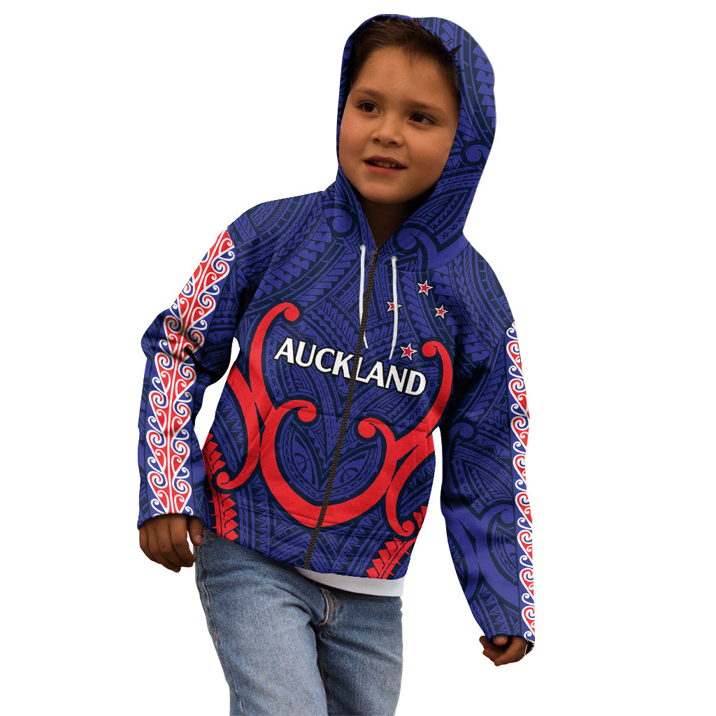 (Custom Text And Number) New Zealand Auckland Cricket Kid Hoodie Polynesian with Maori Koru - Vibe Hoodie Shop