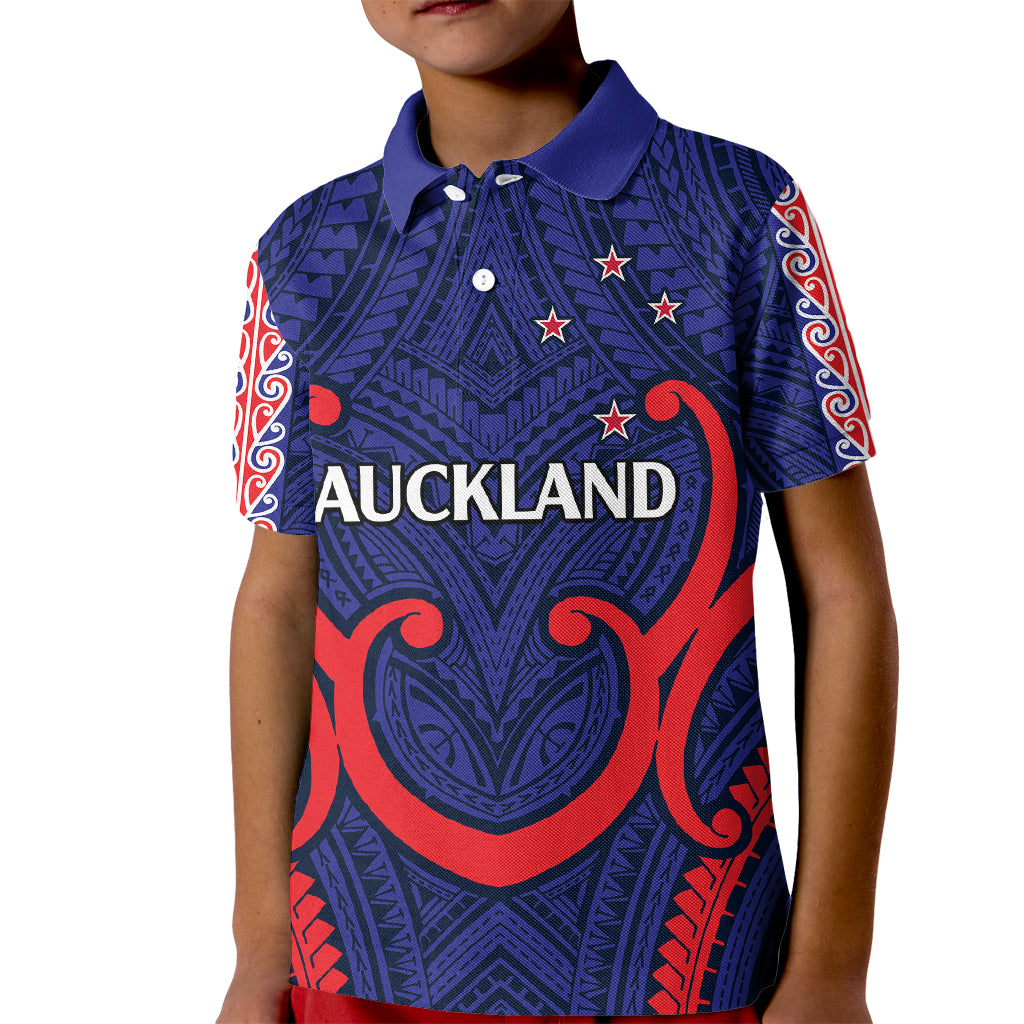 (Custom Text And Number) New Zealand Auckland Cricket Kid Polo Shirt Polynesian with Maori Koru - Vibe Hoodie Shop