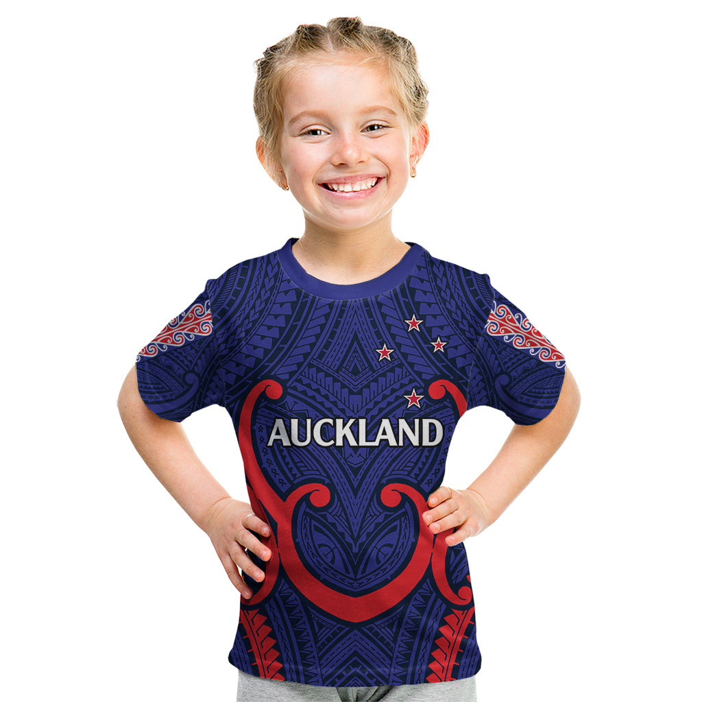 (Custom Text And Number) New Zealand Auckland Cricket Kid T Shirt Polynesian with Maori Koru - Vibe Hoodie Shop