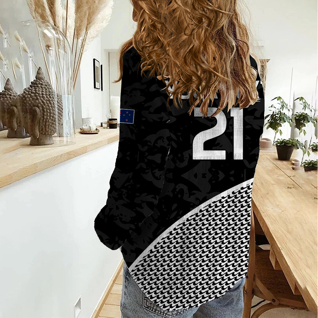 (Custom Text And Number) New Zealand Cricket Women Casual Shirt Black Cap Sporty Style No1 - Vibe Hoodie Shop