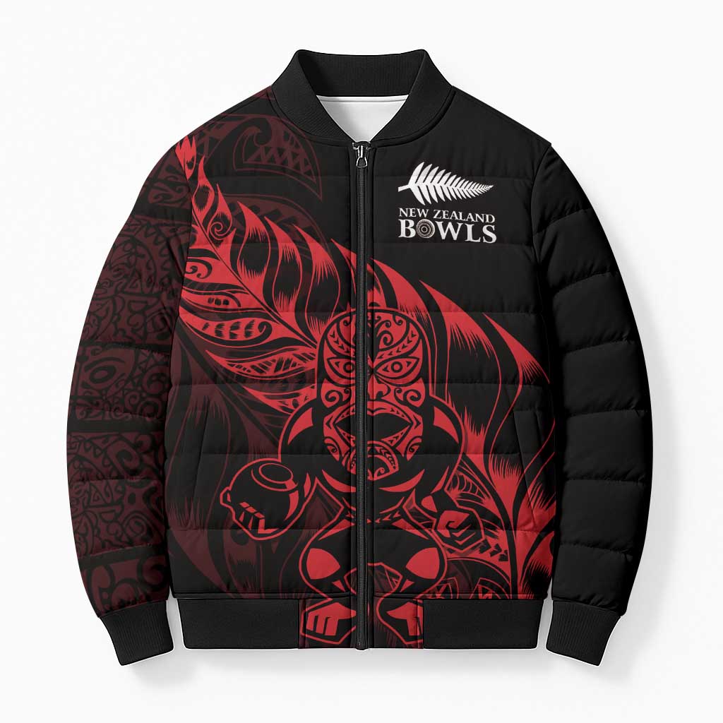 New Zealand Lawn Bowls Custom Bomber Puffer Jacket Red Maori Warrior Tribal Silver Fern - Vibe Hoodie