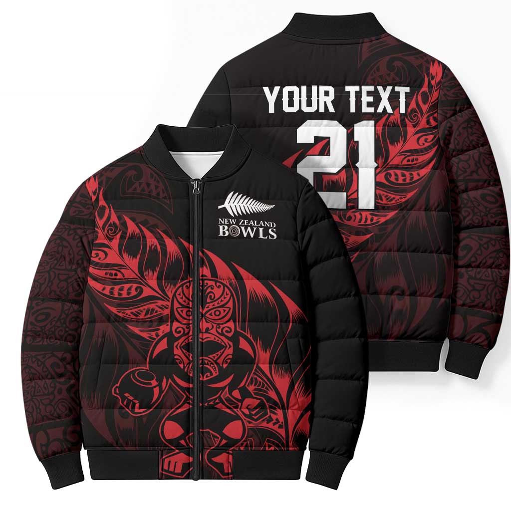 New Zealand Lawn Bowls Custom Bomber Puffer Jacket Red Maori Warrior Tribal Silver Fern - Vibe Hoodie