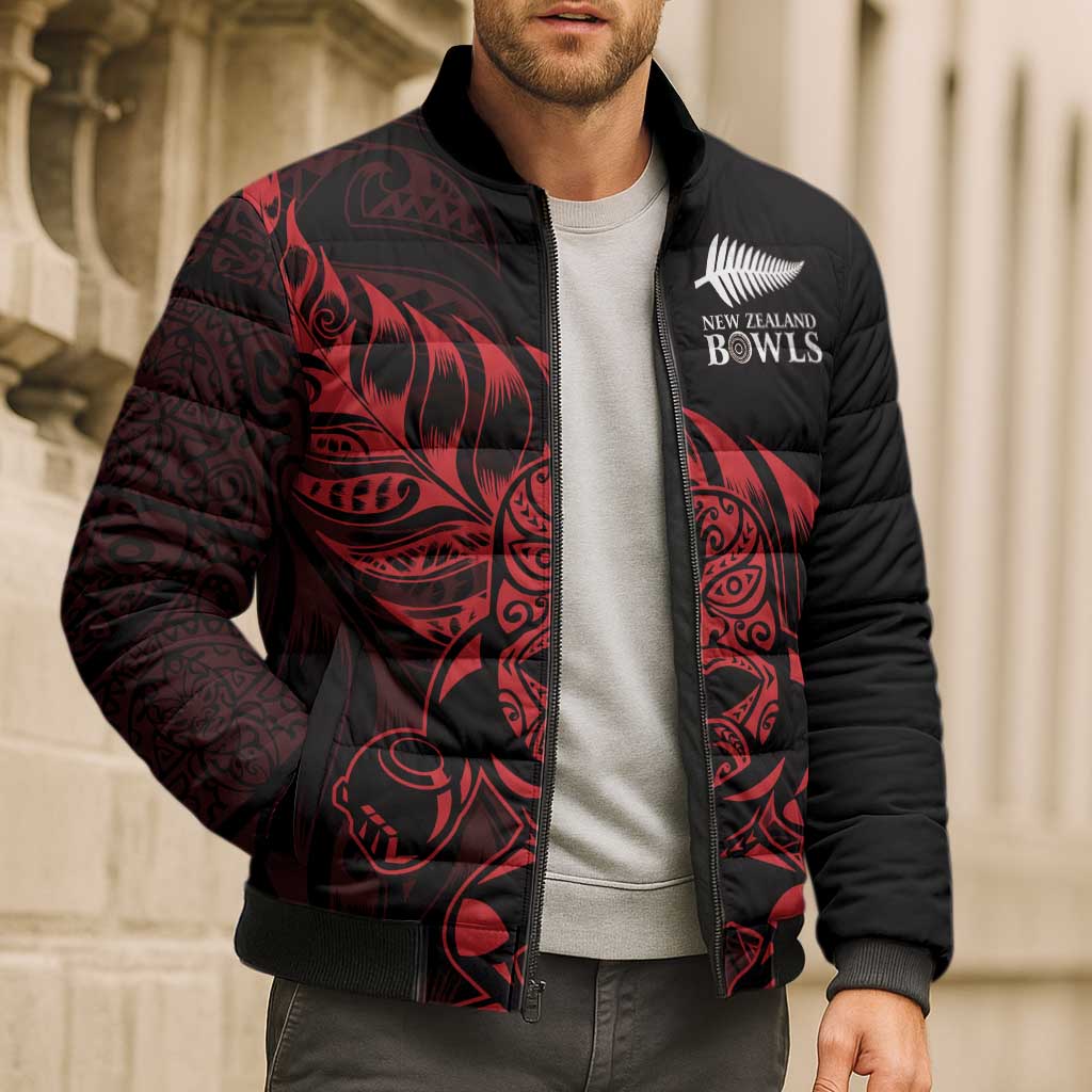 New Zealand Lawn Bowls Custom Bomber Puffer Jacket Red Maori Warrior Tribal Silver Fern - Vibe Hoodie