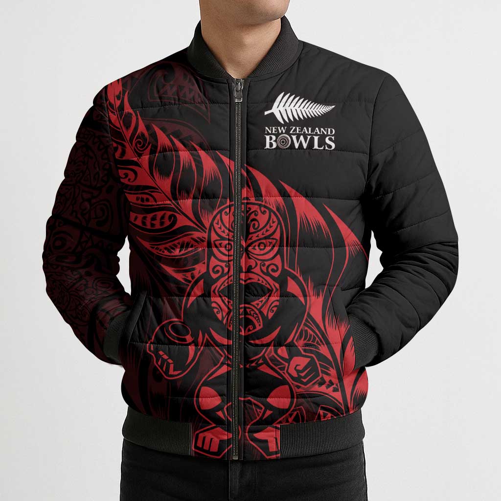 New Zealand Lawn Bowls Custom Bomber Puffer Jacket Red Maori Warrior Tribal Silver Fern - Vibe Hoodie