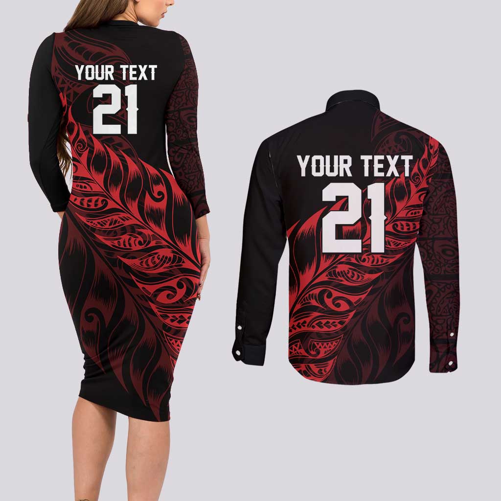 New Zealand Lawn Bowls Custom Couples Matching Long Sleeve Bodycon Dress and Long Sleeve Button Shirt Red Maori Warrior Tribal Silver Fern - Vibe Hoodie