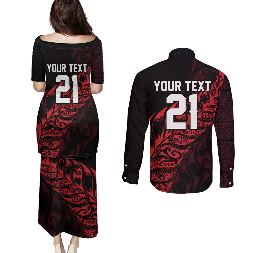 New Zealand Lawn Bowls Custom Couples Matching Puletasi and Long Sleeve Button Shirt Red Maori Warrior Tribal Silver Fern - Vibe Hoodie