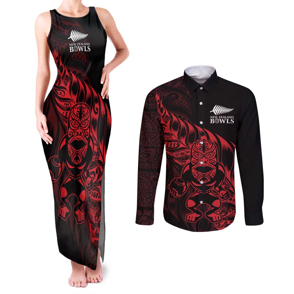 New Zealand Lawn Bowls Custom Couples Matching Tank Maxi Dress and Long Sleeve Button Shirt Red Maori Warrior Tribal Silver Fern - Vibe Hoodie
