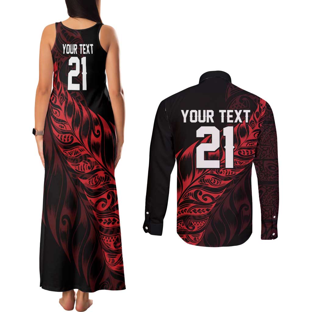 New Zealand Lawn Bowls Custom Couples Matching Tank Maxi Dress and Long Sleeve Button Shirt Red Maori Warrior Tribal Silver Fern - Vibe Hoodie