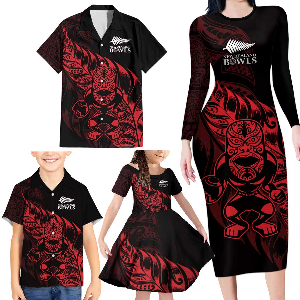 New Zealand Lawn Bowls Custom Family Matching Long Sleeve Bodycon Dress and Hawaiian Shirt Red Maori Warrior Tribal Silver Fern - Vibe Hoodie