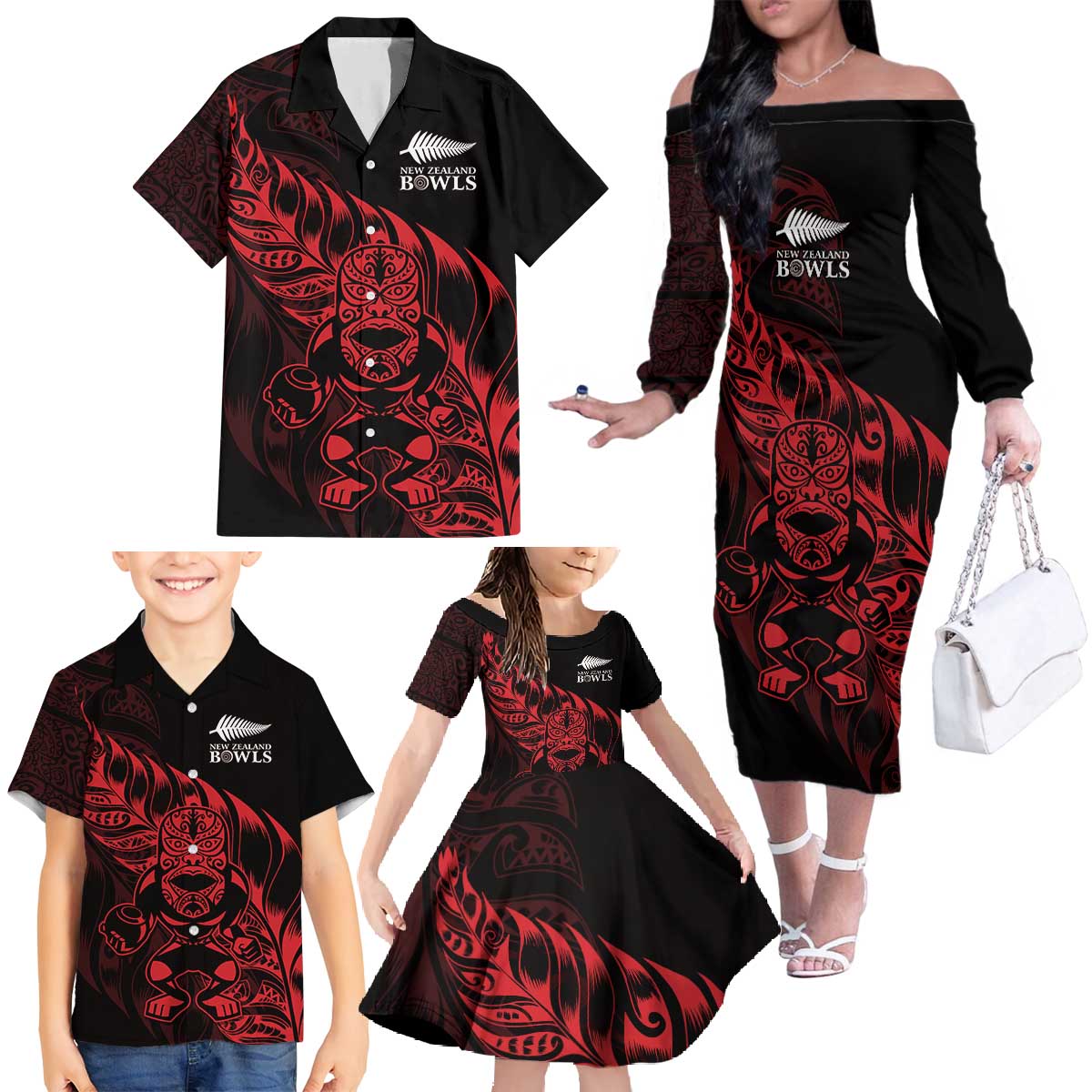 New Zealand Lawn Bowls Custom Family Matching Off The Shoulder Long Sleeve Dress and Hawaiian Shirt Red Maori Warrior Tribal Silver Fern - Vibe Hoodie