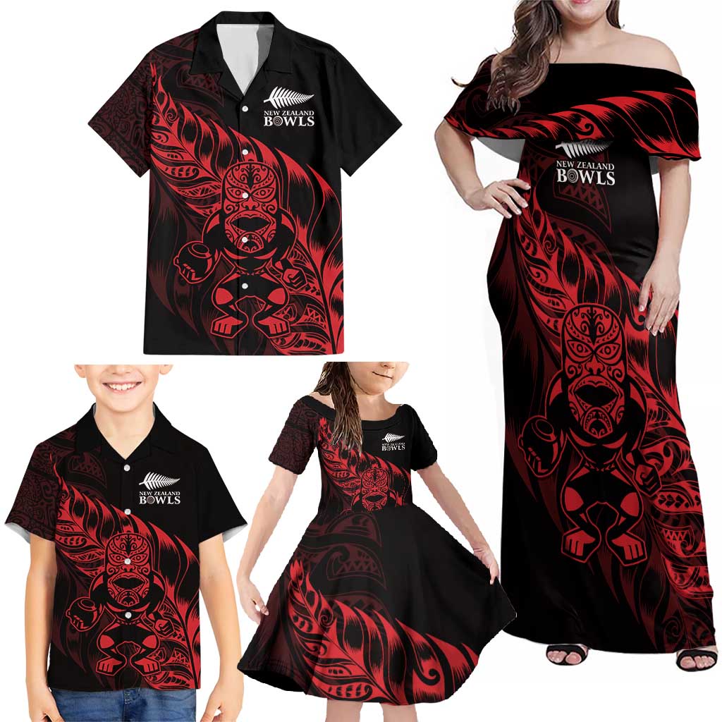 New Zealand Lawn Bowls Custom Family Matching Off Shoulder Maxi Dress and Hawaiian Shirt Red Maori Warrior Tribal Silver Fern - Vibe Hoodie