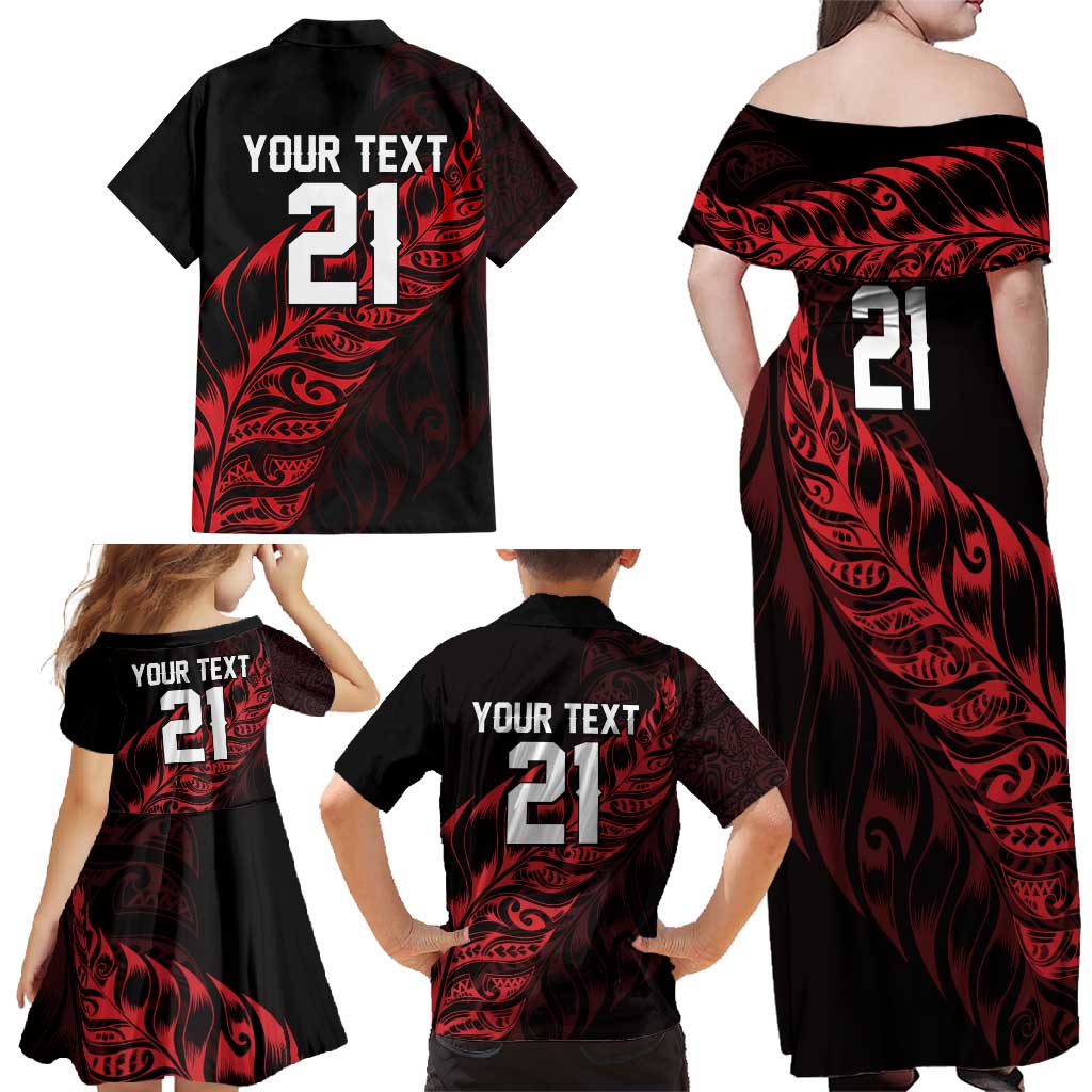 New Zealand Lawn Bowls Custom Family Matching Off Shoulder Maxi Dress and Hawaiian Shirt Red Maori Warrior Tribal Silver Fern - Vibe Hoodie