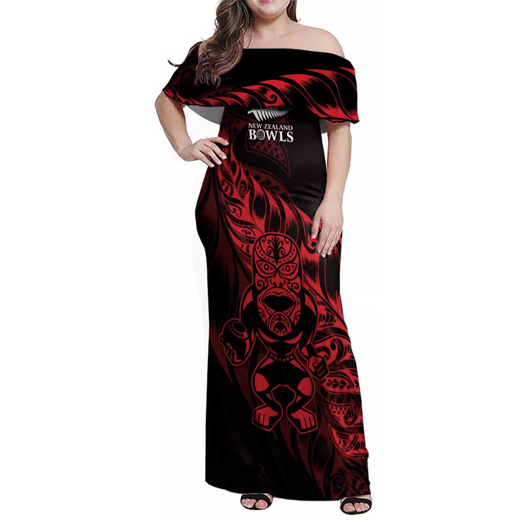 New Zealand Lawn Bowls Custom Family Matching Off Shoulder Maxi Dress and Hawaiian Shirt Red Maori Warrior Tribal Silver Fern - Vibe Hoodie