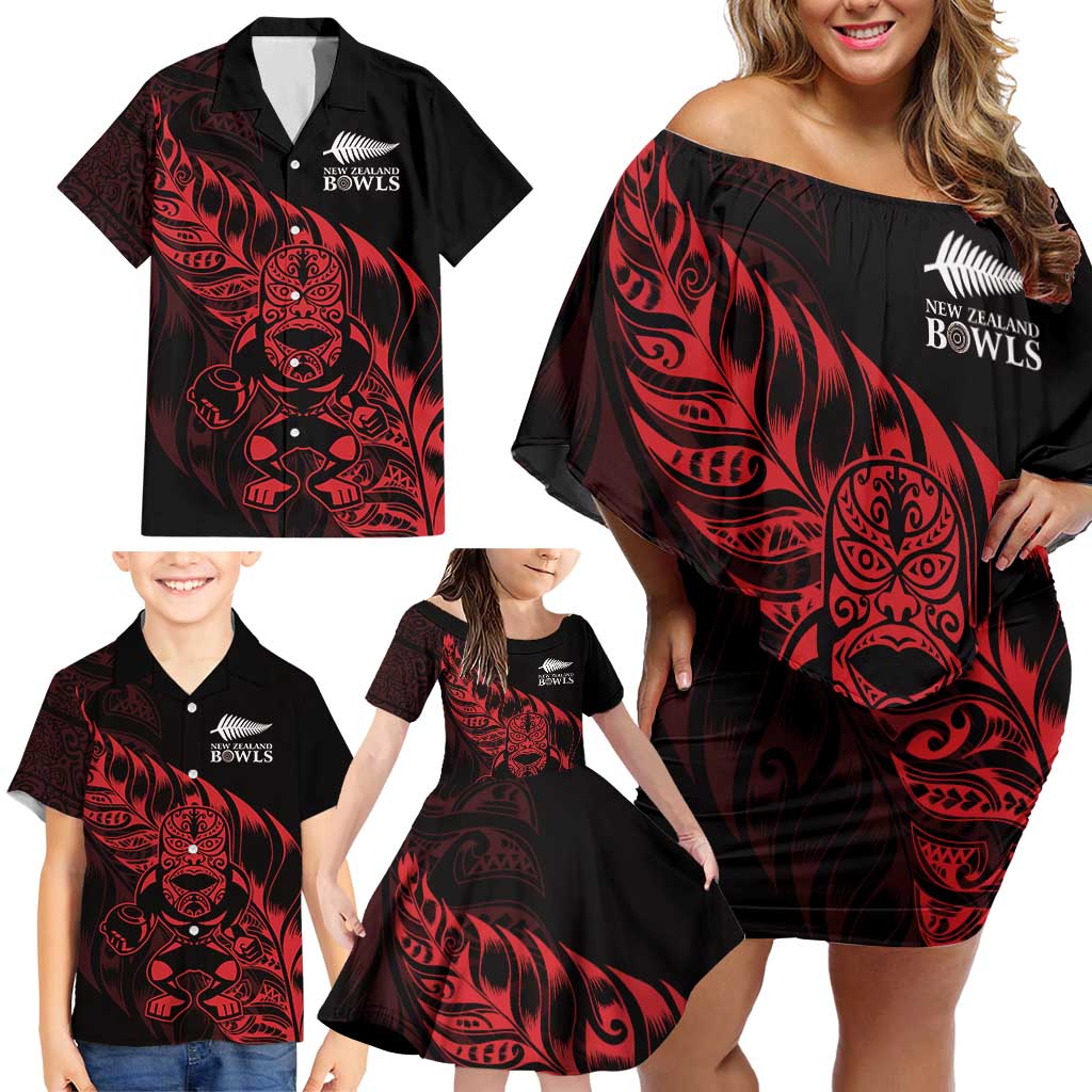 New Zealand Lawn Bowls Custom Family Matching Off Shoulder Short Dress and Hawaiian Shirt Red Maori Warrior Tribal Silver Fern - Vibe Hoodie