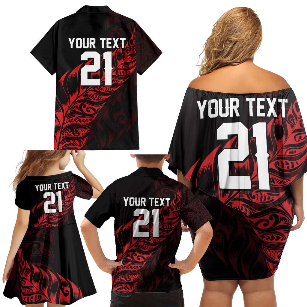 New Zealand Lawn Bowls Custom Family Matching Off Shoulder Short Dress and Hawaiian Shirt Red Maori Warrior Tribal Silver Fern - Vibe Hoodie