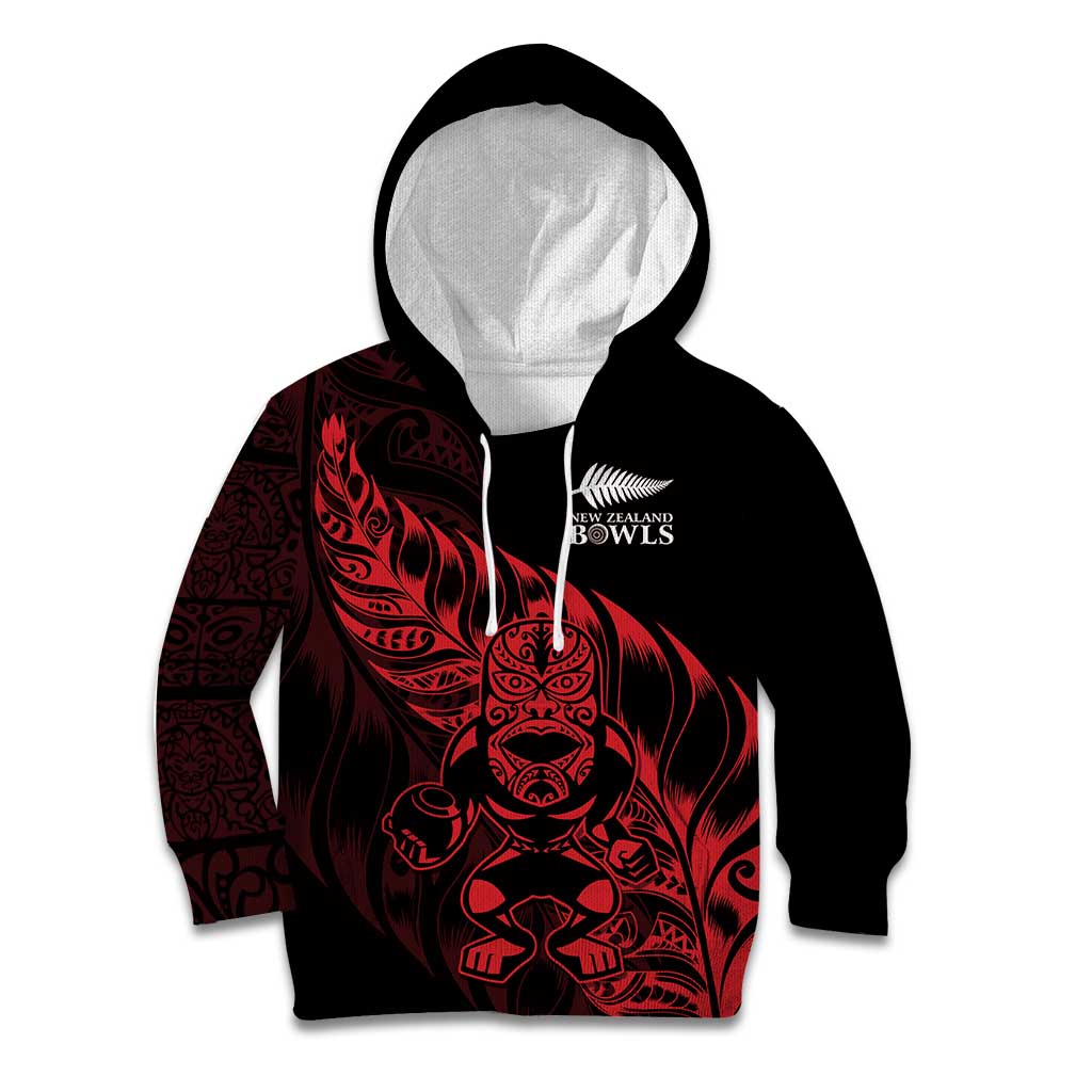 New Zealand Lawn Bowls Custom Kid Hoodie Red Maori Warrior Tribal Silver Fern - Vibe Hoodie