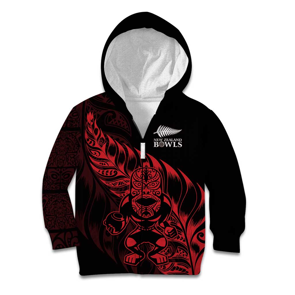 New Zealand Lawn Bowls Custom Kid Hoodie Red Maori Warrior Tribal Silver Fern - Vibe Hoodie